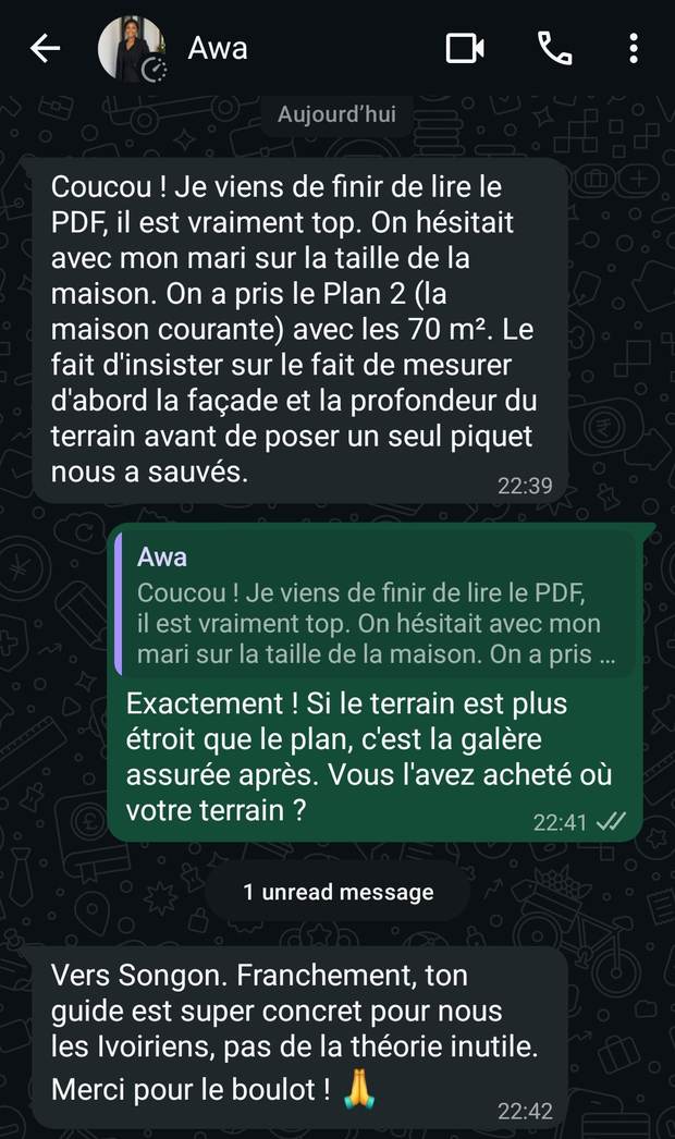 Conversation WhatsApp avec Awa