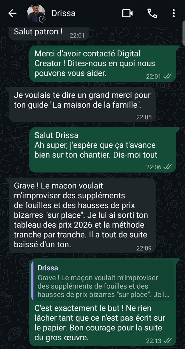 Conversation WhatsApp avec Drissa
